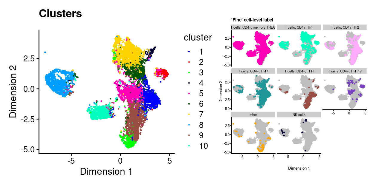 UMAP plot. Each point represents a cluster and is coloured by the 'fine' cell-level label. Each panel highlights droplets from a particular predicted cluster type. Cluster labels with < 1% frequency are grouped together as `other`.