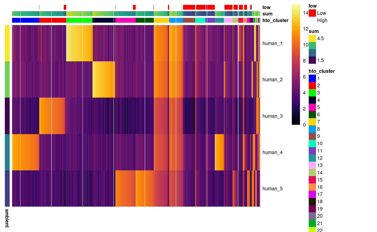Heatmap of HTO log2(counts + 1) for the droplets. Columns are ordered by cluster and then HTO library size. Each droplet (column) is annotated by the (log10) HTO library size (`sum`) and whether that is smaller than the a cutoff estimated from the empty droplets. Each HTO (row) is annotated by the (log10) average count of the HTO in the empty droplets (`ambient`).