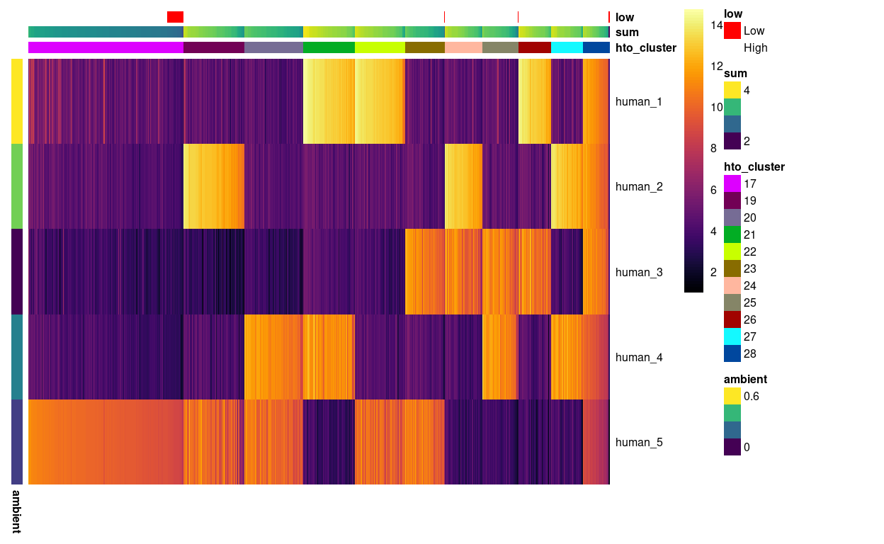 Heatmap of HTO log2(counts + 1) for the droplets not yet assigned to a sample of origin. Columns are ordered by cluster and then HTO library size. Each droplet (column) is annotated by the (log10) HTO library size (`sum`) and whether that is smaller than the a cutoff estimated from the empty droplets. Each HTO (row) is annotated by the (log10) average count of the HTO in the empty droplets (`ambient`).