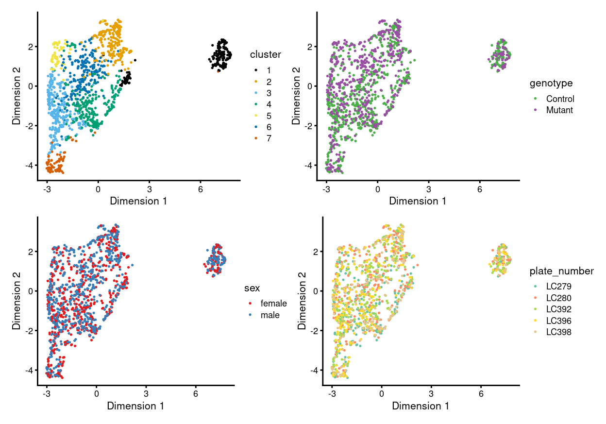 UMAP plot, where each point represents a cell and is coloured according to the legend.