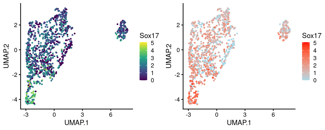 UMAP plot with points coloured by Sox17 expression using the lightblue-red colour gradient.