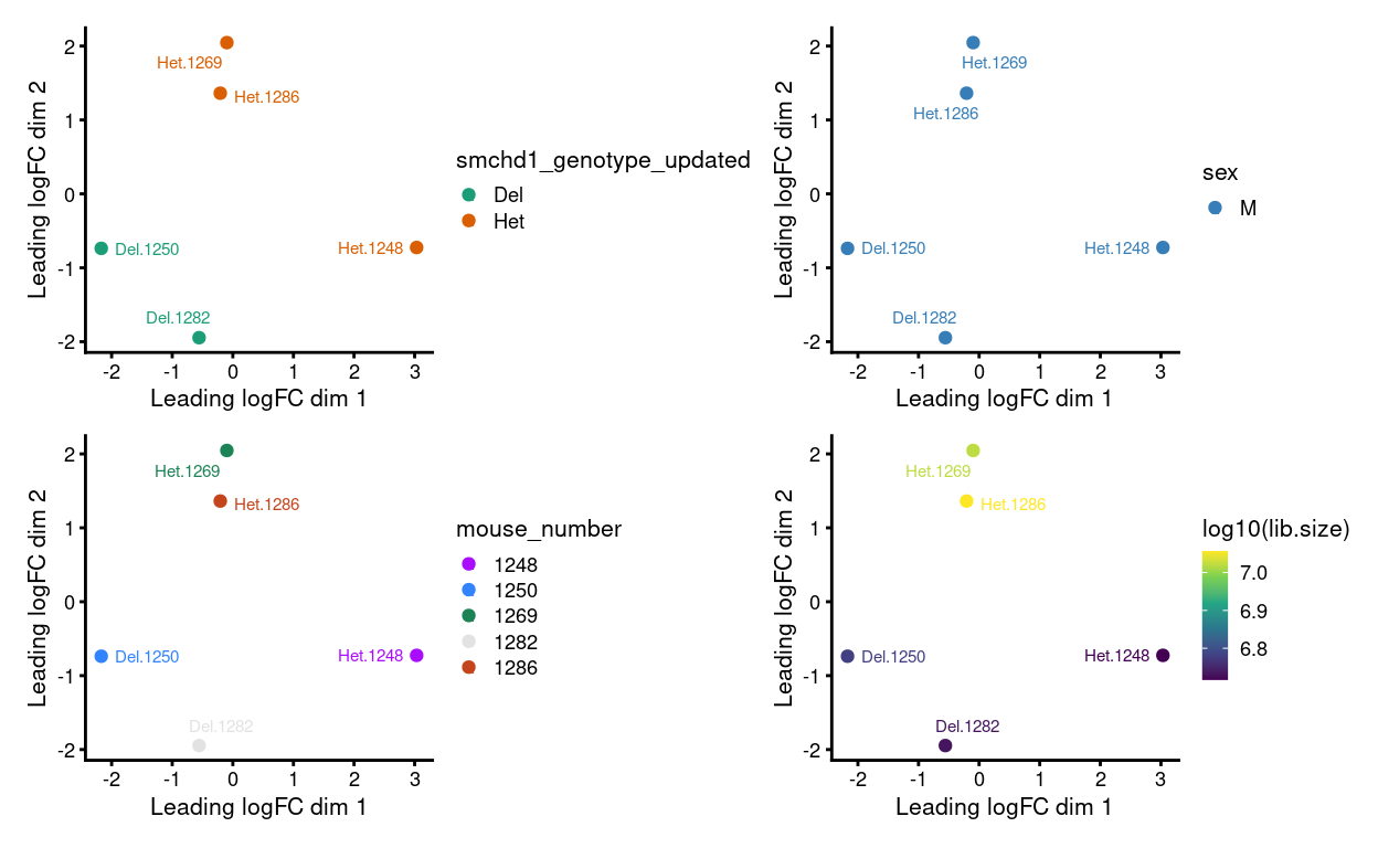 MDS plots of aggregated technical replicates following RUV coloured by various experimental factors.