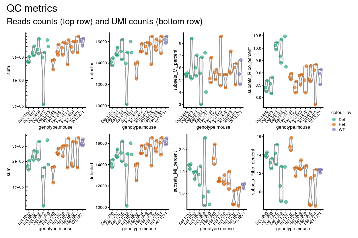 Distributions of various QC metrics for all samples in the data set. This includes the library sizes, number of expressed genes, and proportion of reads mapped to mitochondrial genes.