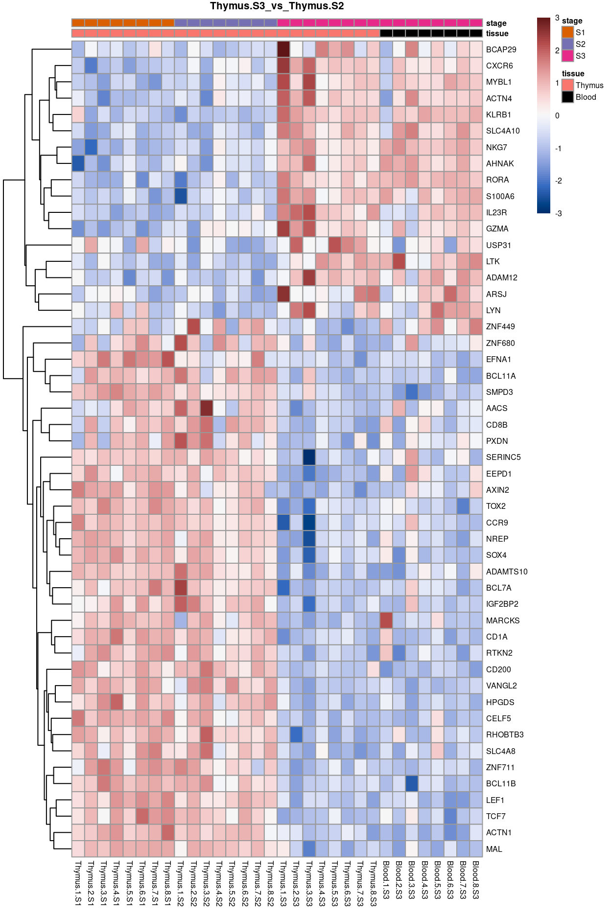 Heatmap of batch-corrected logCPM values for the top-50 DEGs.