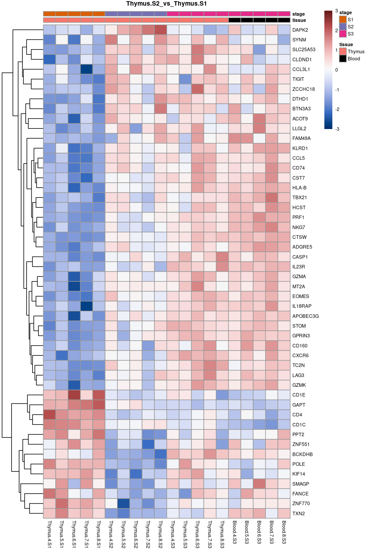 Heatmap of batch-corrected logCPM values for the top-50 DEGs.