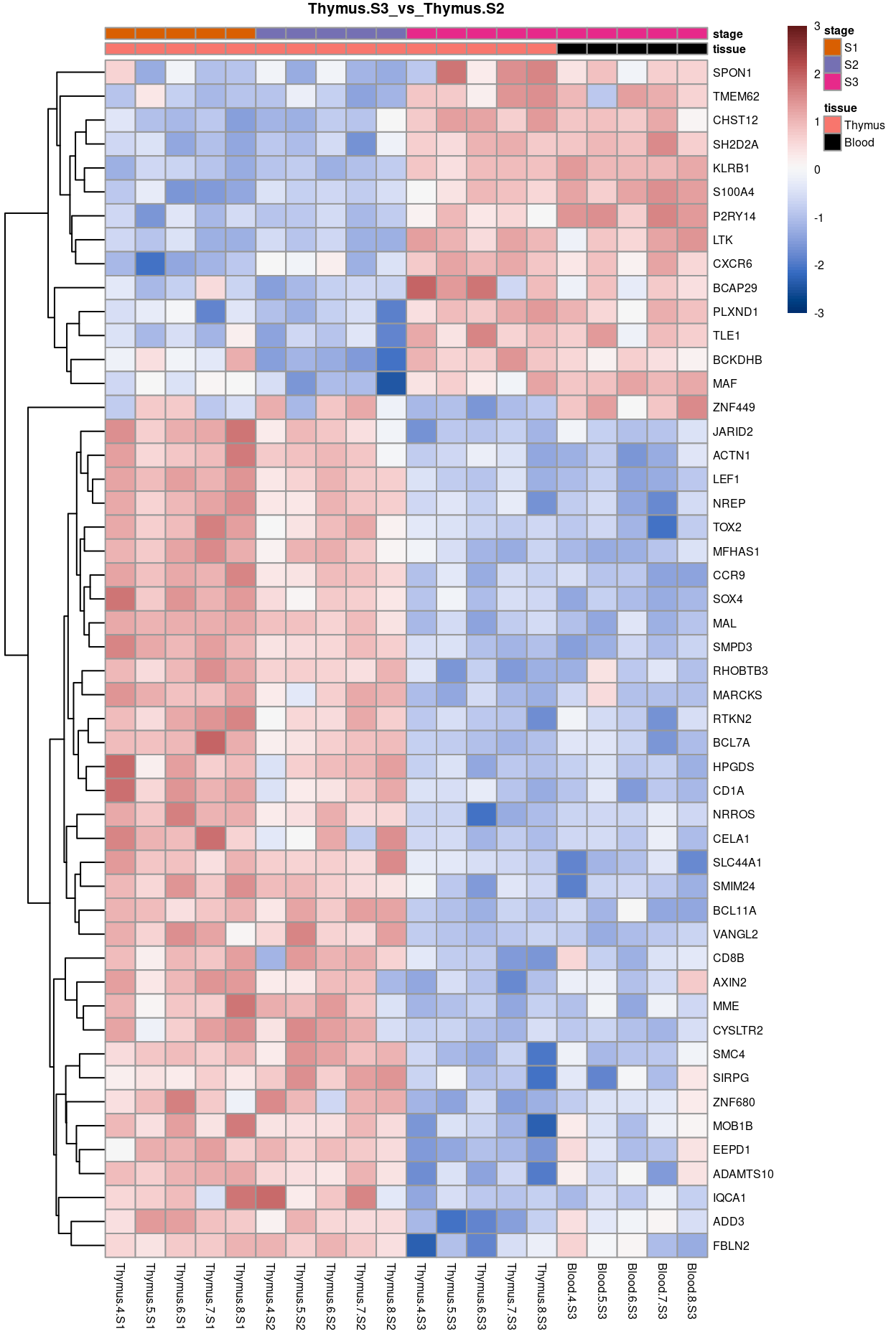 Heatmap of batch-corrected logCPM values for the top-50 DEGs.