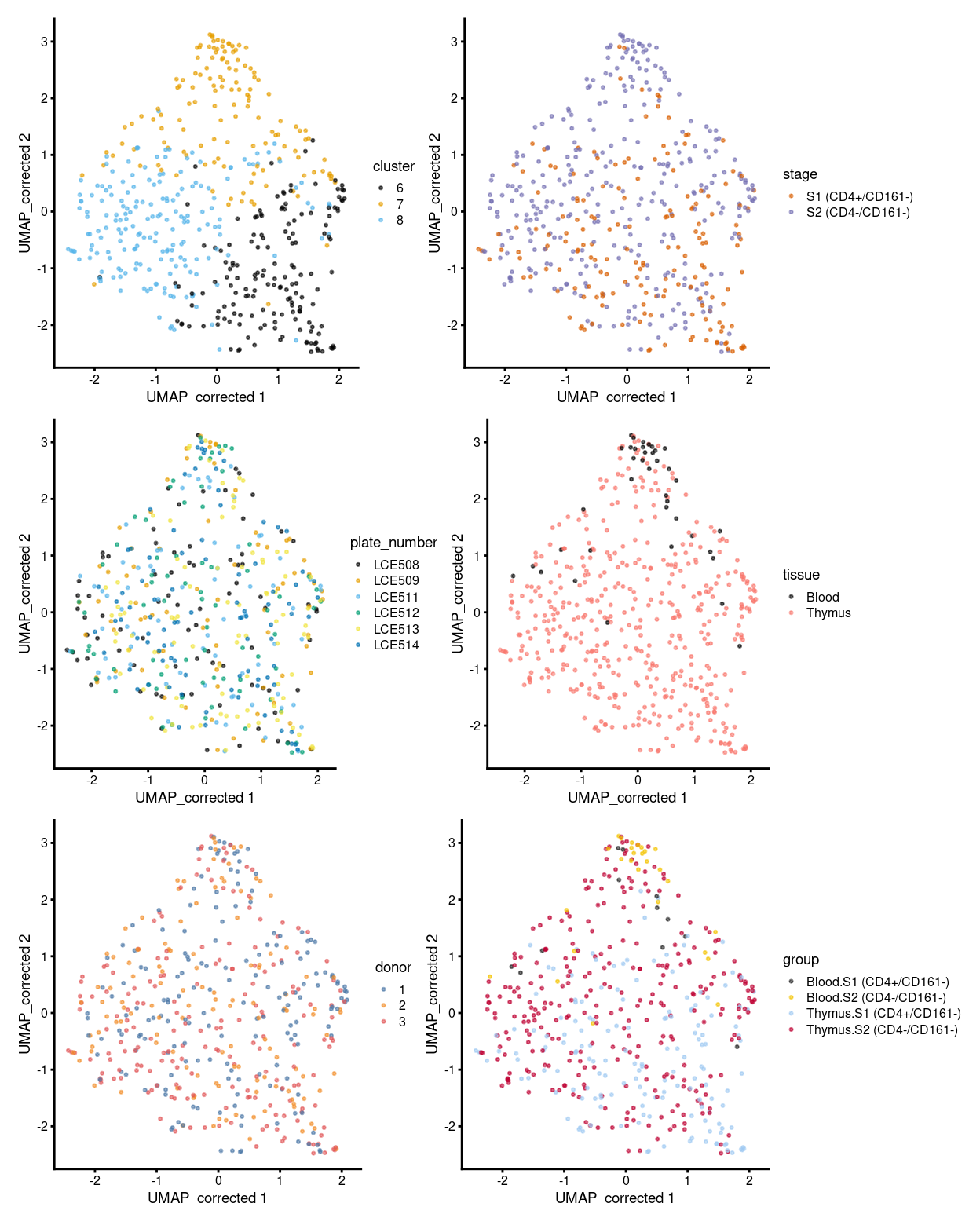 UMAP plot, where each point represents a cell and is coloured according to the legend.