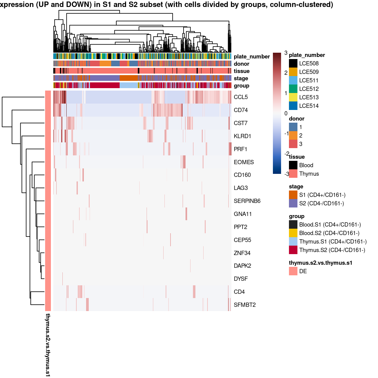 Heatmap of log-expression values in each sample for the marker genes identified from the mini-bulk analysis. Cells are ordered by `group` (column-clustered). Each column is a sample, each row a gene. Colours are capped at -3 and 3 to preserve dynamic range.