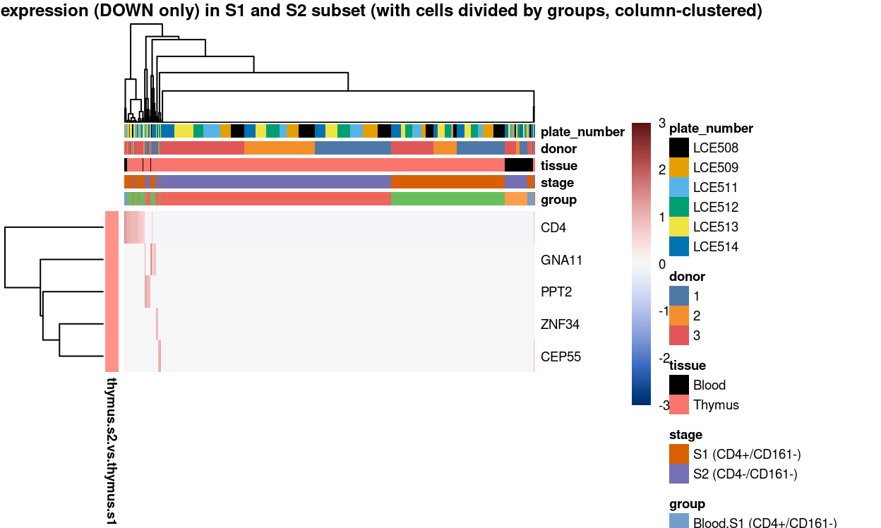 Heatmap of log-expression values in each sample for the marker genes (down-regulated) identified from the mini-bulk analysis. Cells are ordered by `grodown` (column-clustered). Each column is a sample, each row a gene. Colours are capped at -3 and 3 to preserve dynamic range.