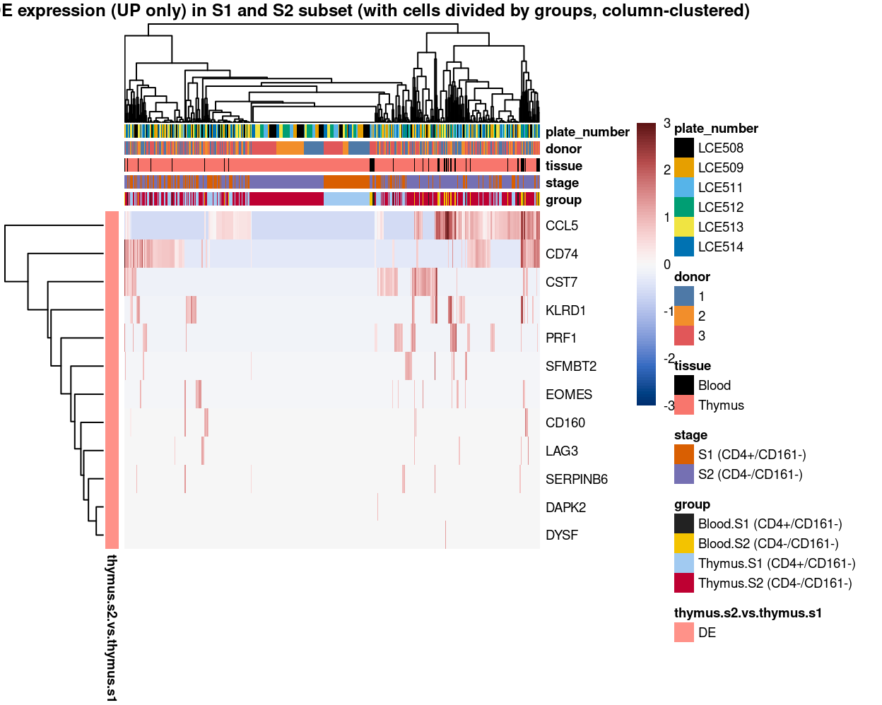 Heatmap of log-expression values in each sample for the marker genes (up-regulated) identified from the mini-bulk analysis. Cells are ordered by `group` (column-clustered). Each column is a sample, each row a gene. Colours are capped at -3 and 3 to preserve dynamic range.