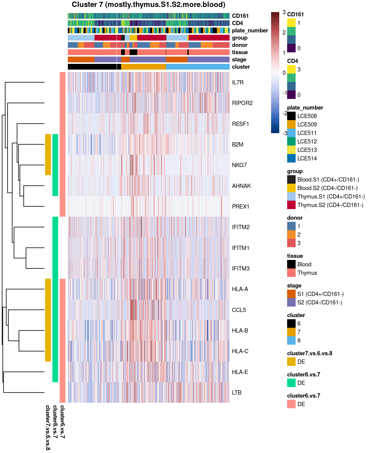 Heatmap of log-expression values in each sample for the top uniquely upregulated marker genes. Each column is a sample, each row a gene. Colours are capped at -3 and 3 to preserve dynamic range.