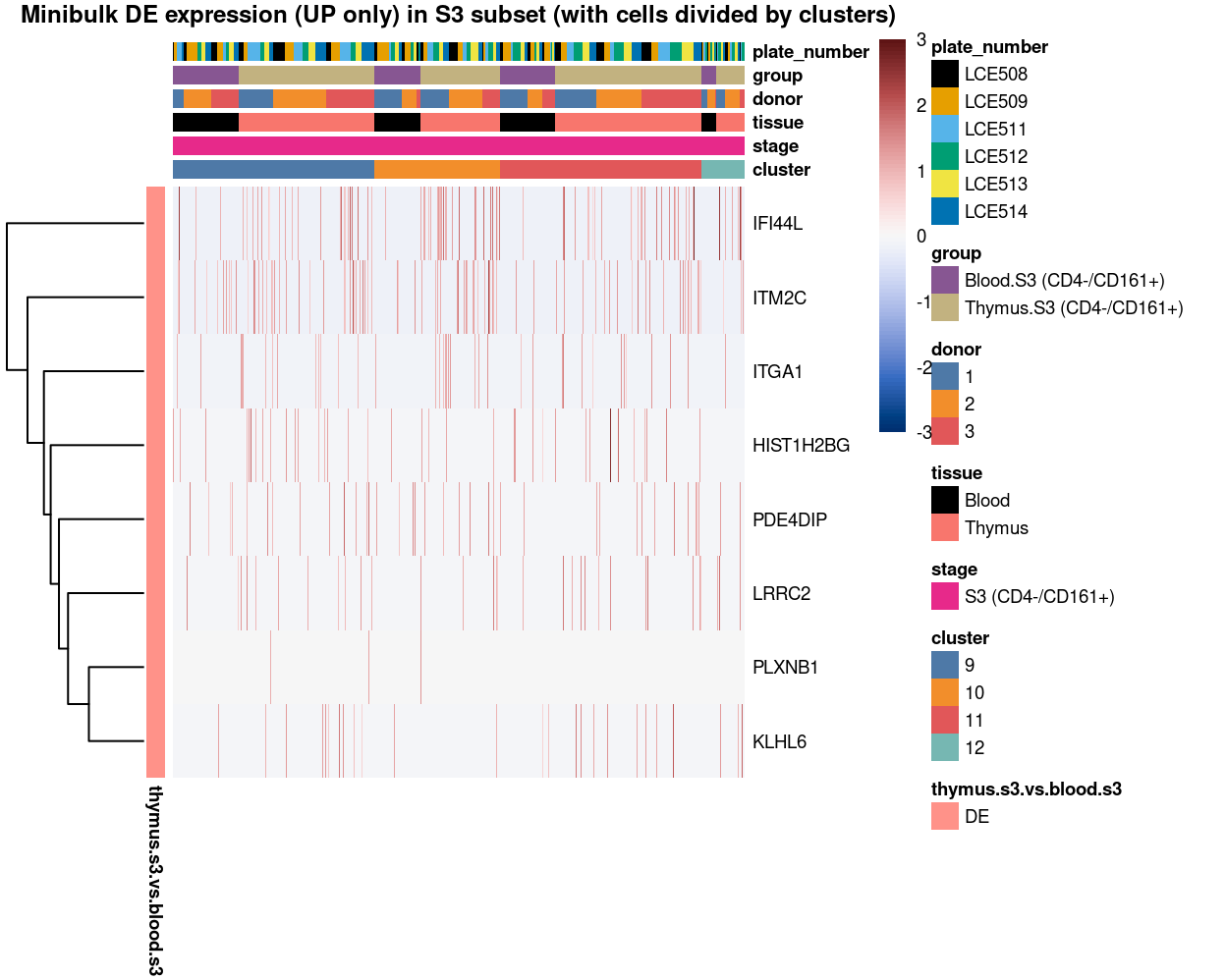 Heatmap of log-expression values in each sample for the marker genes (up-regulated) identified from the mini-bulk analysis. Cells are ordered by `cluster`. Each column is a sample, each row a gene. Colours are capped at -3 and 3 to preserve dynamic range.