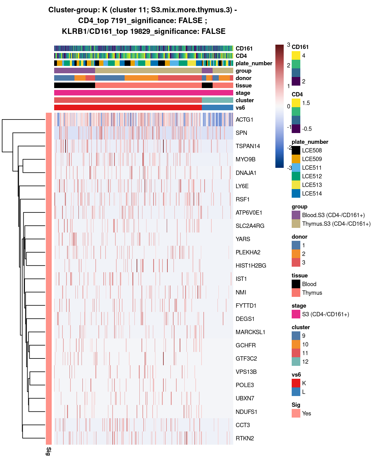 Heatmap of log-expression values in each sample for the top uniquely upregulated marker genes. Each column is a sample, each row a gene. Colours are capped at -3 and 3 to preserve dynamic range. Ranking of CD4 and CD161/KLRB1 from top of the DGE list sorted in ascending order of FDR and their statistical significance (TRUE = FDR < 0.05) are provided in the title.