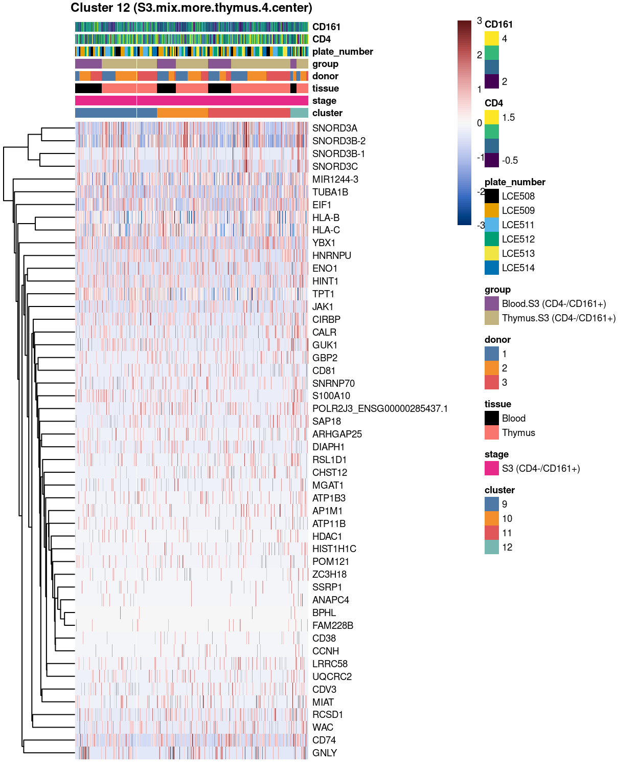 Heatmap of log-expression values in each sample for the top uniquely upregulated marker genes. Each column is a sample, each row a gene. Colours are capped at -3 and 3 to preserve dynamic range.