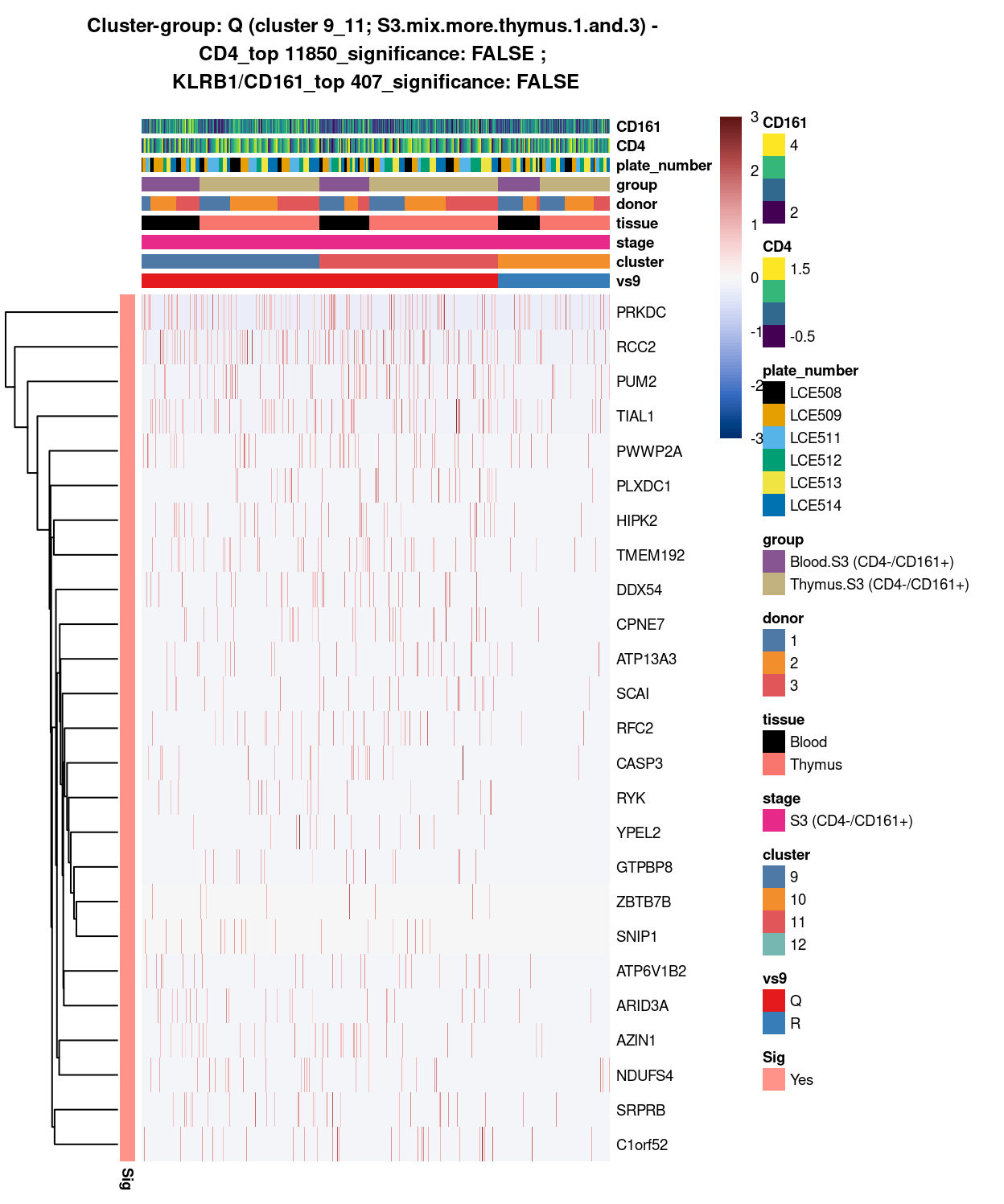 Heatmap of log-expression values in each sample for the top uniquely upregulated marker genes. Each column is a sample, each row a gene. Colours are capped at -3 and 3 to preserve dynamic range. Ranking of CD4 and CD161/KLRB1 from top of the DGE list sorted in ascending order of FDR and their statistical significance (TRUE = FDR < 0.05) are provided in the title.