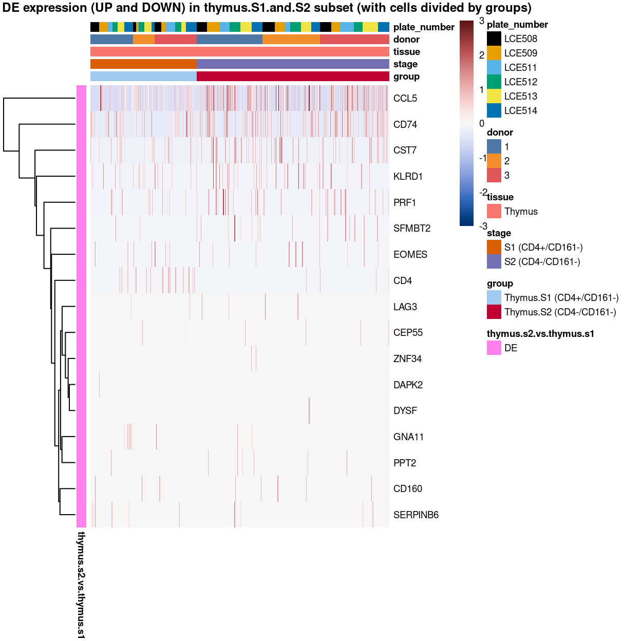 Heatmap of log-expression values in each sample for the marker genes identified from the mini-bulk analysis. Cells are ordered by `group`. Each column is a sample, each row a gene. Colours are capped at -3 and 3 to preserve dynamic range.