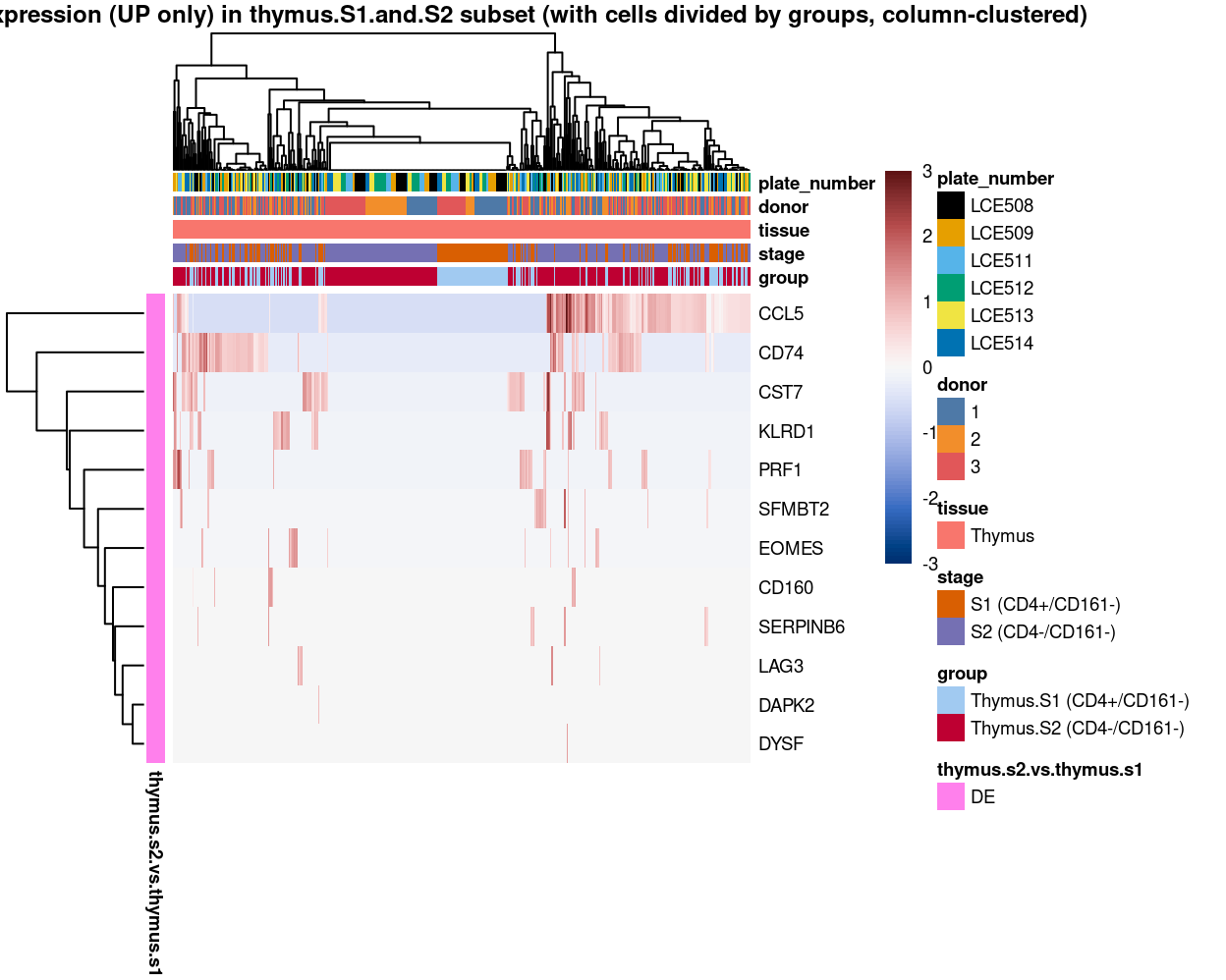 Heatmap of log-expression values in each sample for the marker genes (up-regulated) identified from the mini-bulk analysis. Cells are ordered by `group` (column-clustered). Each column is a sample, each row a gene. Colours are capped at -3 and 3 to preserve dynamic range.