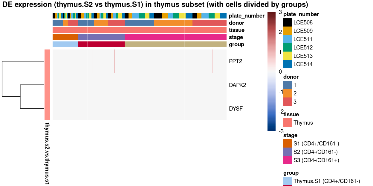 Heatmap of log-expression values in each sample for the marker genes identified from the mini-bulk analysis (thymus.s2.vs.thymus.s1). Cells are ordered by `group`. Each column is a sample, each row a gene. Colours are capped at -3 and 3 to preserve dynamic range.