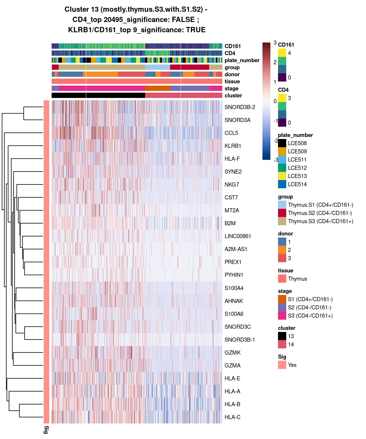 Heatmap of log-expression values in each sample for the top uniquely upregulated marker genes. Each column is a sample, each row a gene. Colours are capped at -3 and 3 to preserve dynamic range. Ranking of CD4 and CD161/KLRB1 from top of the DGE list sorted in ascending order of FDR and their statistical significance (TRUE = FDR < 0.05) are provided in the title