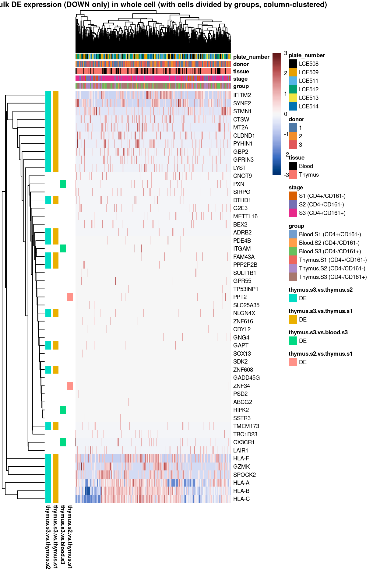 Heatmap of log-expression values in each sample for the marker genes (down-regulated) identified from the mini-bulk analysis. Cells are ordered by `grodown` (column-clustered). Each column is a sample, each row a gene. Colours are capped at -3 and 3 to preserve dynamic range.