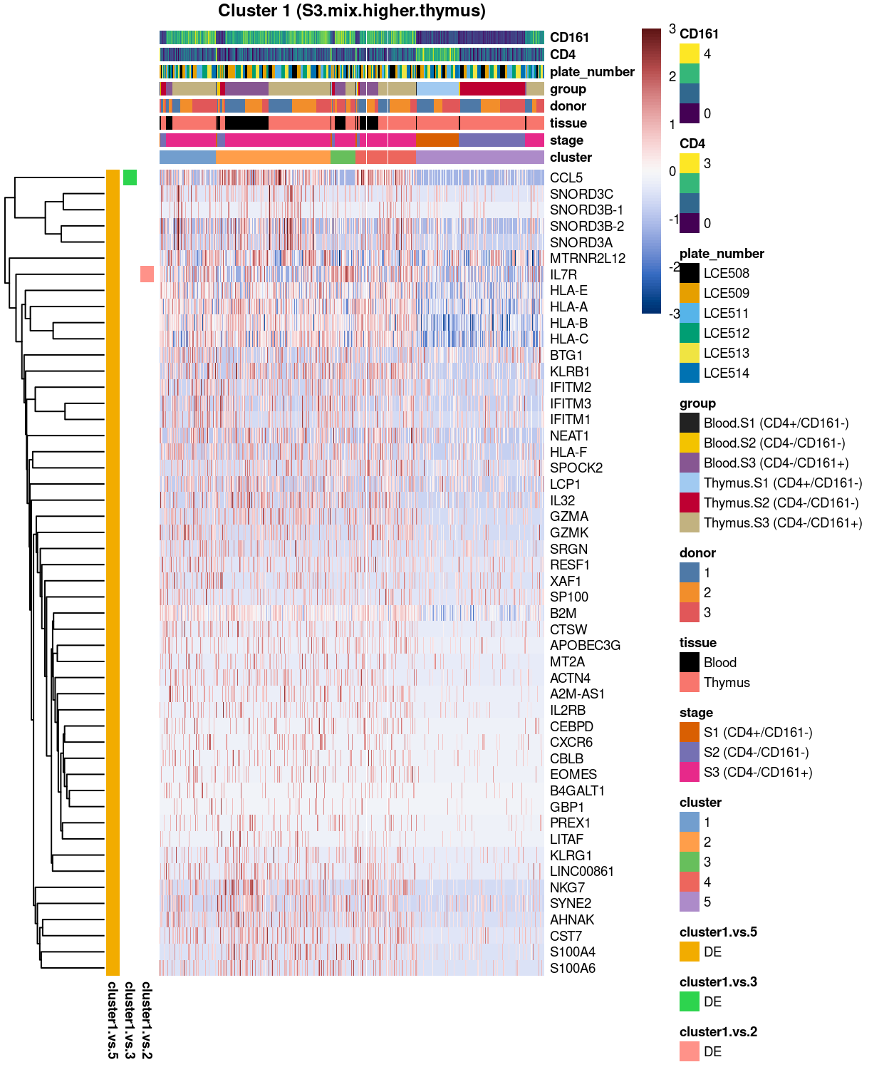 Heatmap of log-expression values in each sample for the top uniquely upregulated marker genes. Each column is a sample, each row a gene. Colours are capped at -3 and 3 to preserve dynamic range.