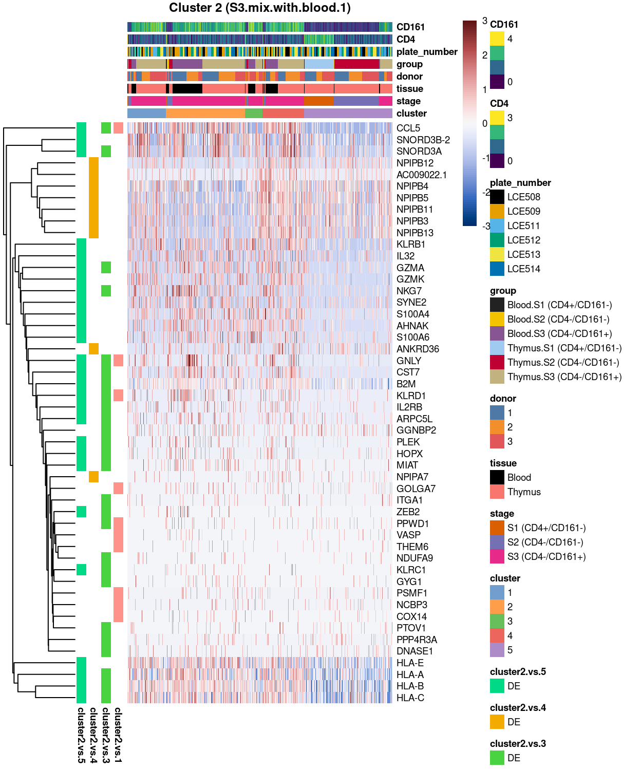 Heatmap of log-expression values in each sample for the top uniquely upregulated marker genes. Each column is a sample, each row a gene. Colours are capped at -3 and 3 to preserve dynamic range.