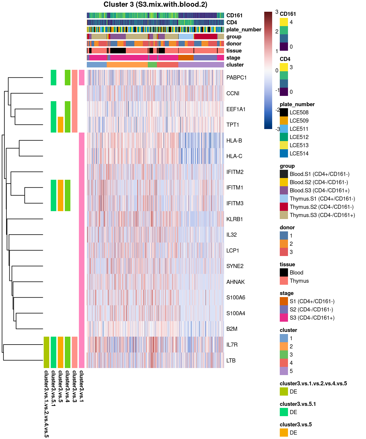 Heatmap of log-expression values in each sample for the top uniquely upregulated marker genes. Each column is a sample, each row a gene. Colours are capped at -3 and 3 to preserve dynamic range.