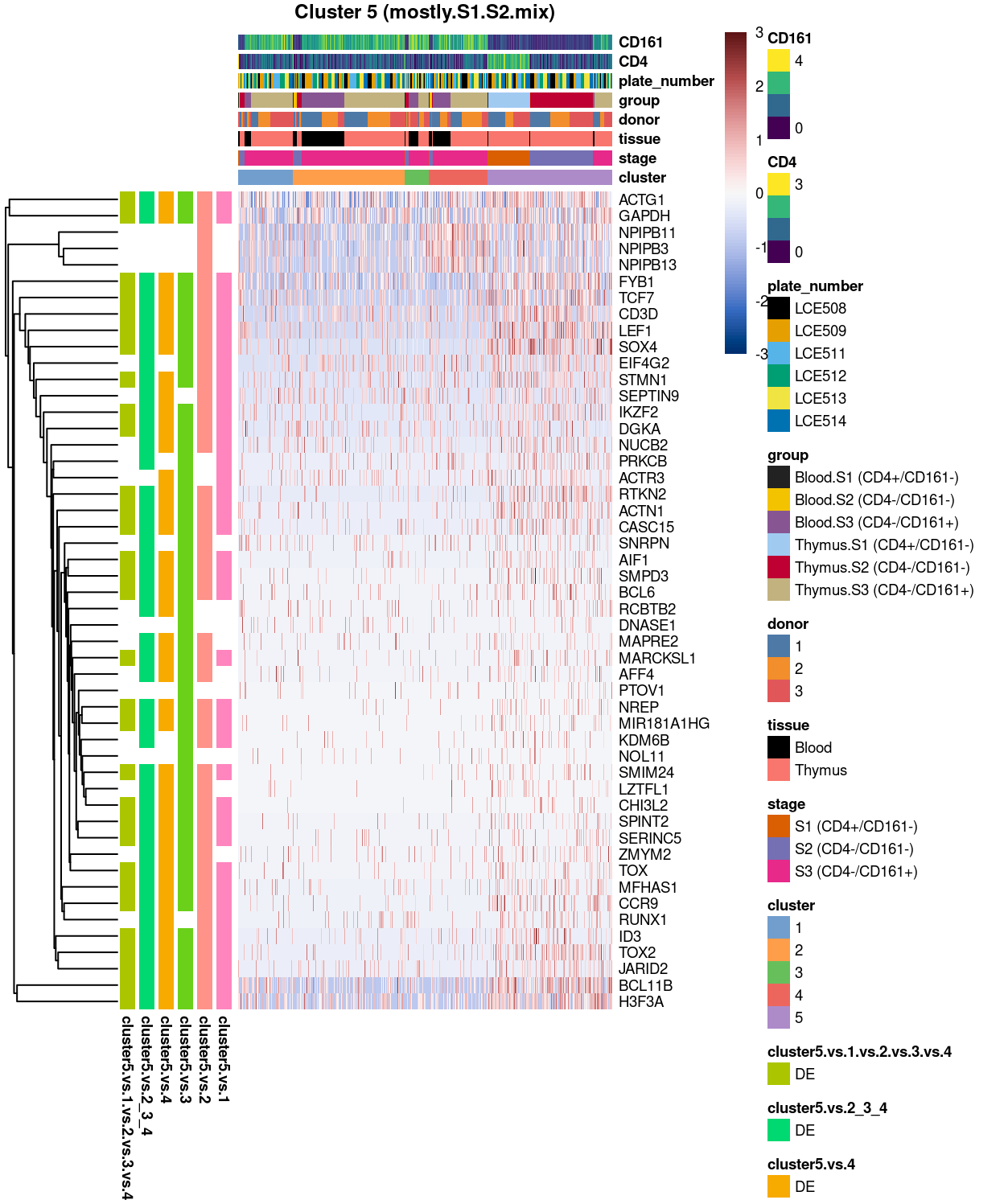 Heatmap of log-expression values in each sample for the top uniquely upregulated marker genes. Each column is a sample, each row a gene. Colours are capped at -3 and 3 to preserve dynamic range.