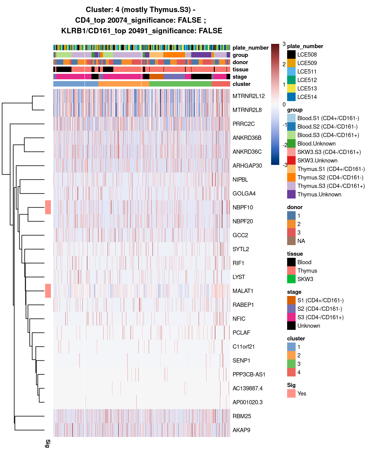 Heatmap of log-expression values in each sample for the top uniquely upregulated marker genes. Each column is a sample, each row a gene. Colours are capped at -3 and 3 to preserve dynamic range. Ranking of CD4 and CD161/KLRB1 from top of the DGE list sorted in ascending order of FDR and their statistical significance (TRUE = FDR < 0.05) are provided in the title.