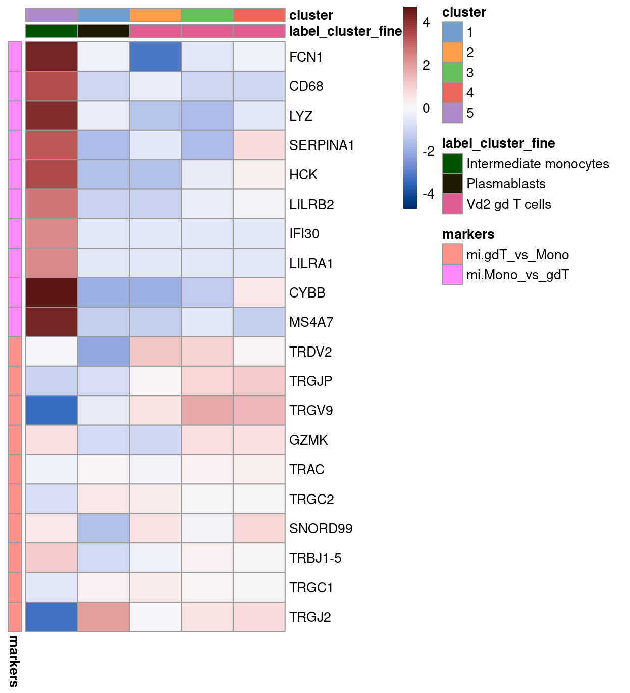 Heatmap of log-expression values in our dataset at the cell-level for selected marker genes between the `Intermediate monocytes` and `Vd2 gd T cells` labels. Each column is a sample, each row a gene. For legibility, only a random 10% of non-`Intermediate monocytes` cells are shown.