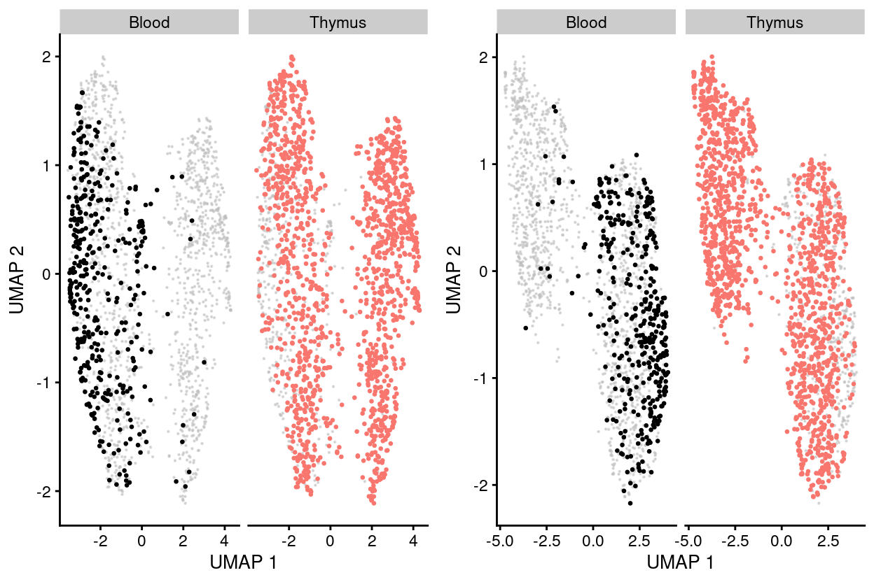 UMAP plot of the dataset. Each point represents a cell and each panel highlights cells from a particular `tissue`when data is unmerged (left) and merged by manual merge 2 (right).