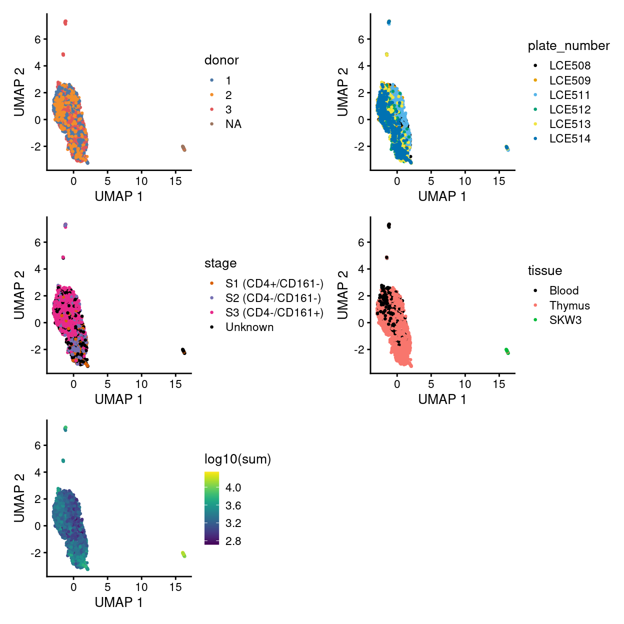 UMAP plot of the dataset. Each point represents a cell and is coloured according to the legend.